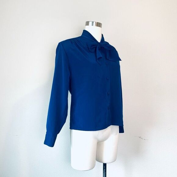 Vintage Blue Blouse Top Pussybow Necktie Secretary Western Small 6 Tie - Picture 2 of 7